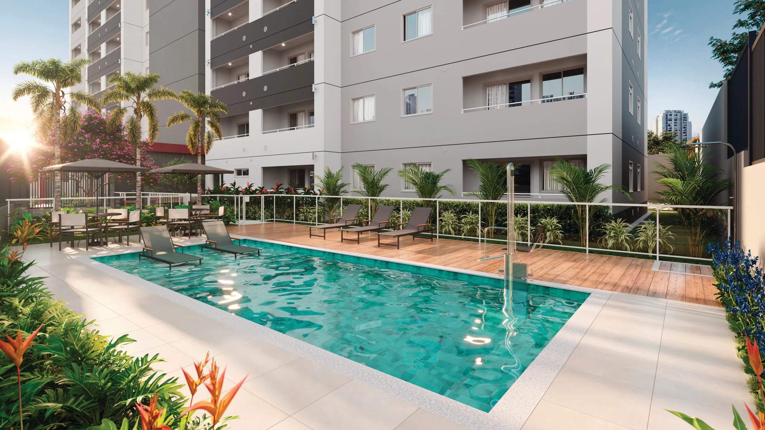 Perspectiva ilustrada da piscina com deck e solarium