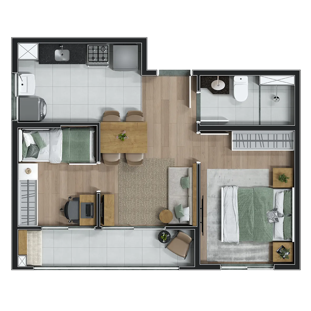 Planta da tipologia 2 dormitórios, 40,20 m², com varanda, cozinha integrada, infraestrutura para ar-condicionado