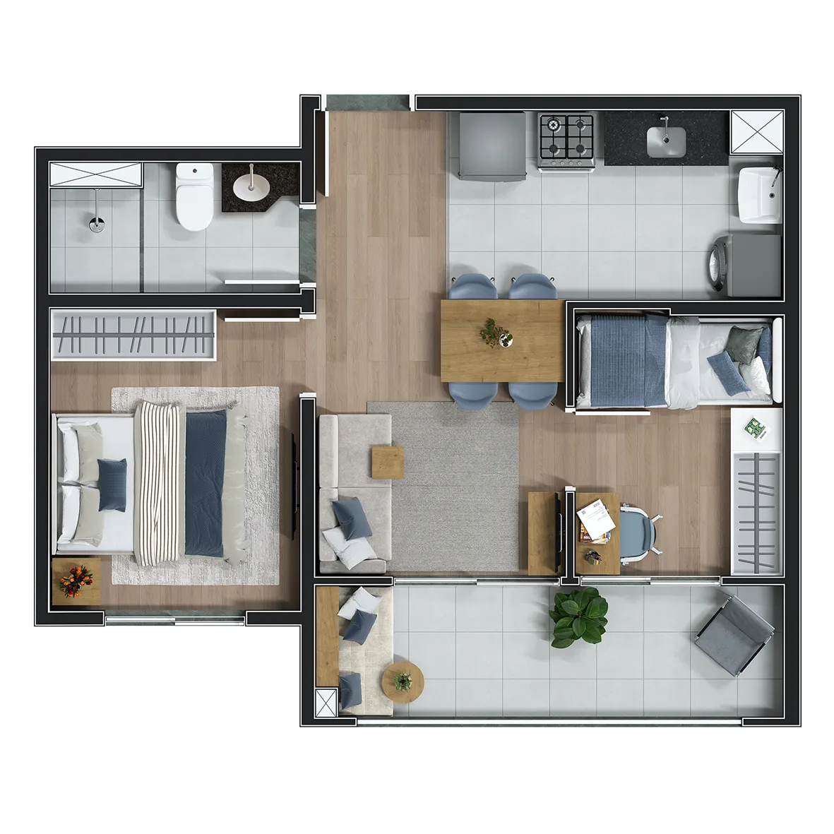 Planta da tipologia 2 dormitórios, 40,46 m², com varanda, medição individual de água, ponto usb nos dormitórios