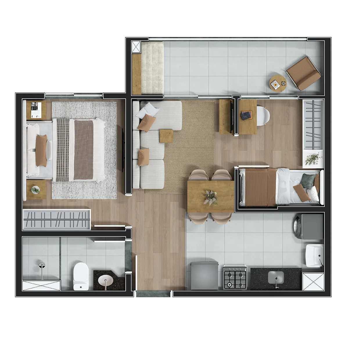 Planta da tipologia Living ampliado, 41,36 m², com living ampliado, varanda, flexibilidade de layout em drywall